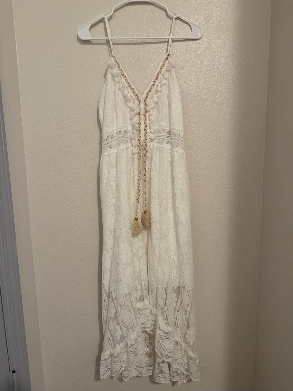 Boho Lace Maxi Dress in Cream with Tassel Tie